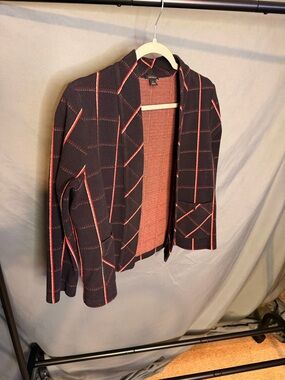Ann Taylor Navy Cardigan with Red Grid Trim